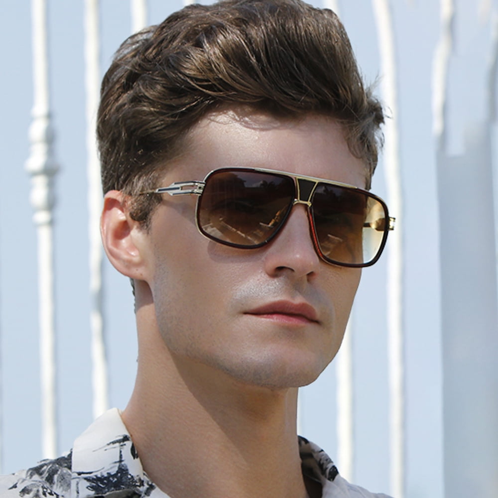 Oversize Classic Brown Men Shades Goggle Retro Aviator Gold Alloy Frame Sunglasses