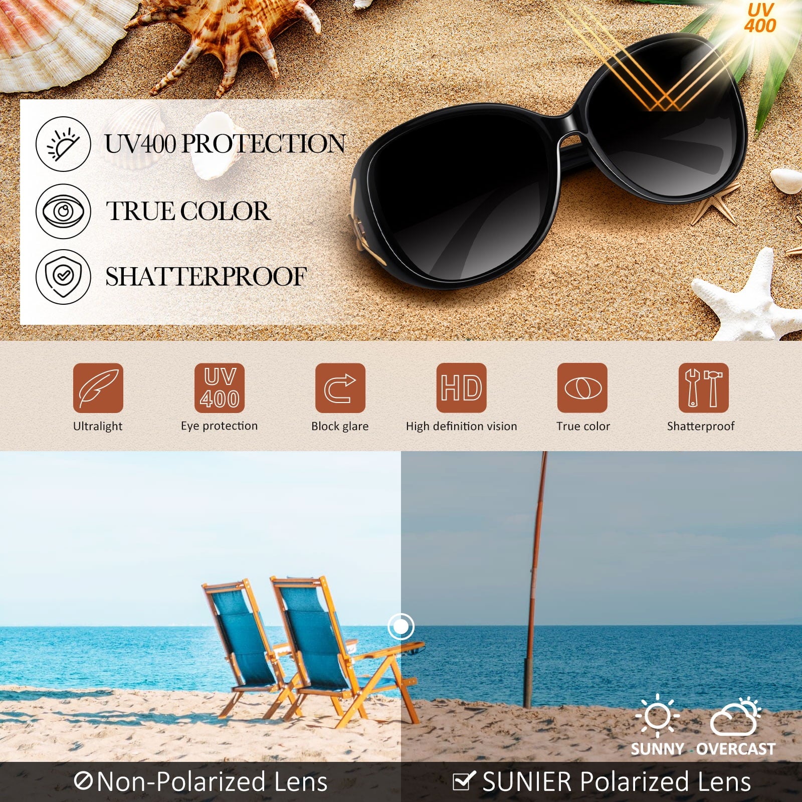 Sunier Retro Oversized Butterfly Polarized Sunglasses for Women Elegant Ladies Shades-2 Pairs