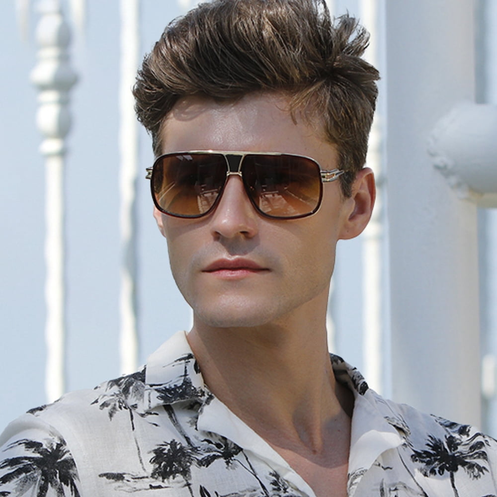 Oversize Classic Brown Men Shades Goggle Retro Aviator Gold Alloy Frame Sunglasses