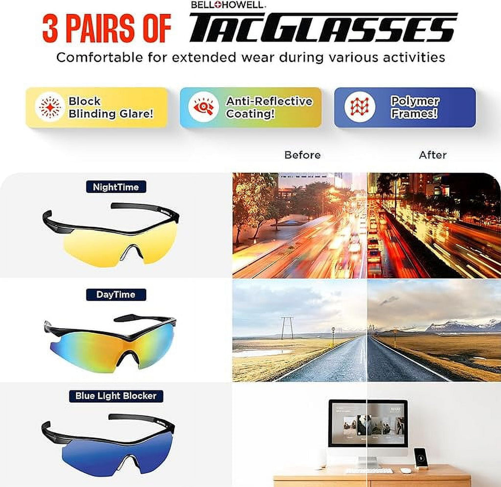 TacGlasses Polarized Sunglasses Day Night HD Sunglasses for Clear Vision Blue Light Blocker Glasses 3Pcs as Seen on TV