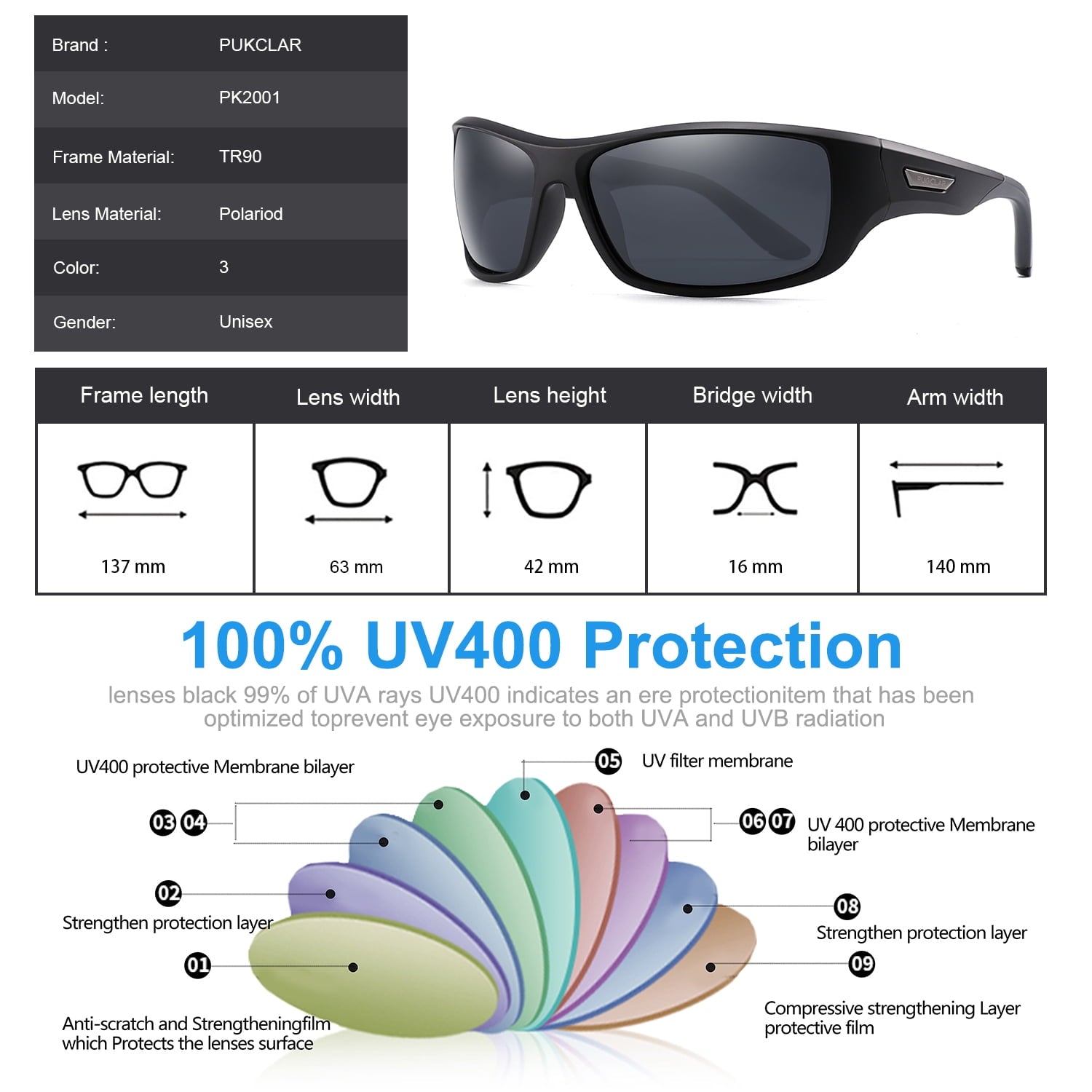 PUKCLAR Polarized Sports Sunglasses for Men Women Driving Sunglasses Cycling Running Fishing Golf Goggles Unbreakable Frame