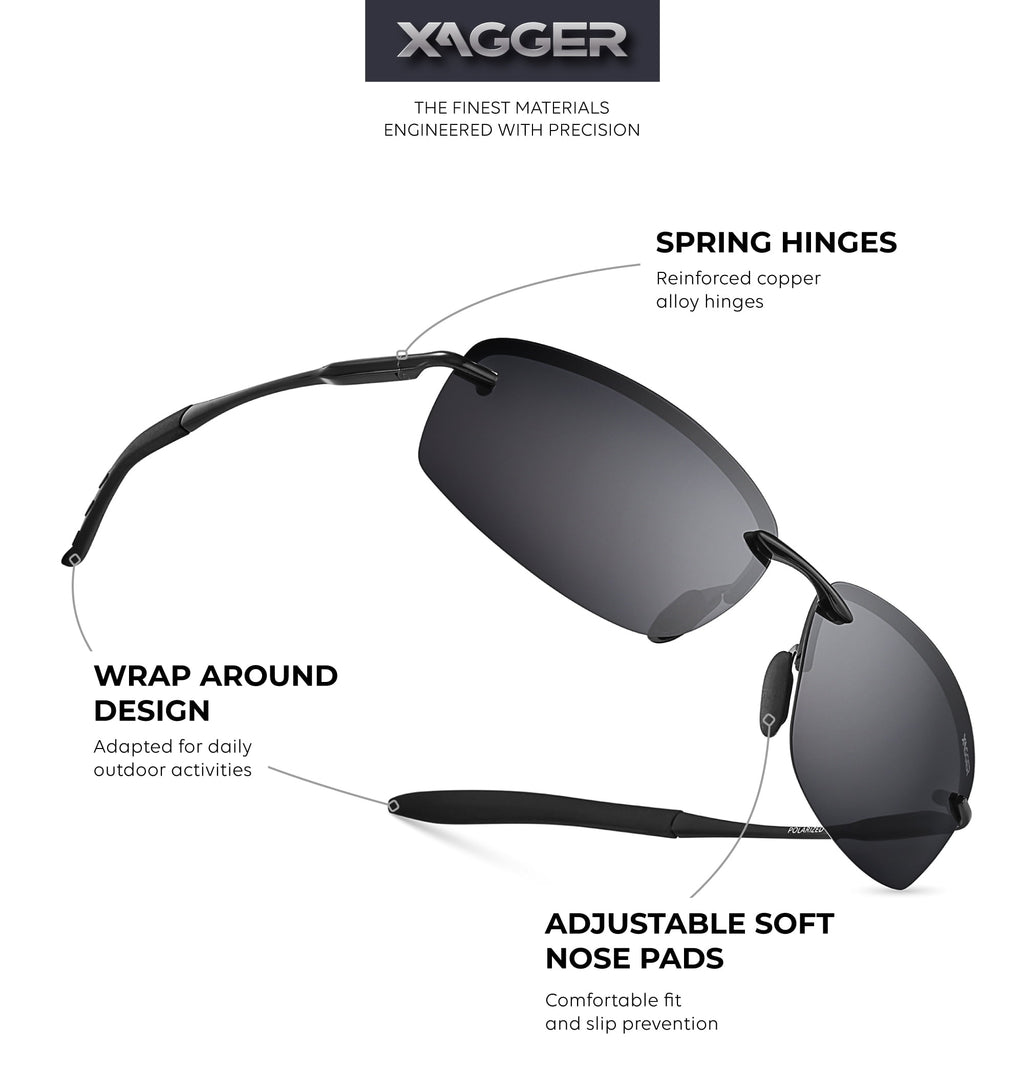 Xagger Polarized Rimless Driving Sunglasses for Men Metal Frame Anti-Glare UV400 Protection Sun Glasses