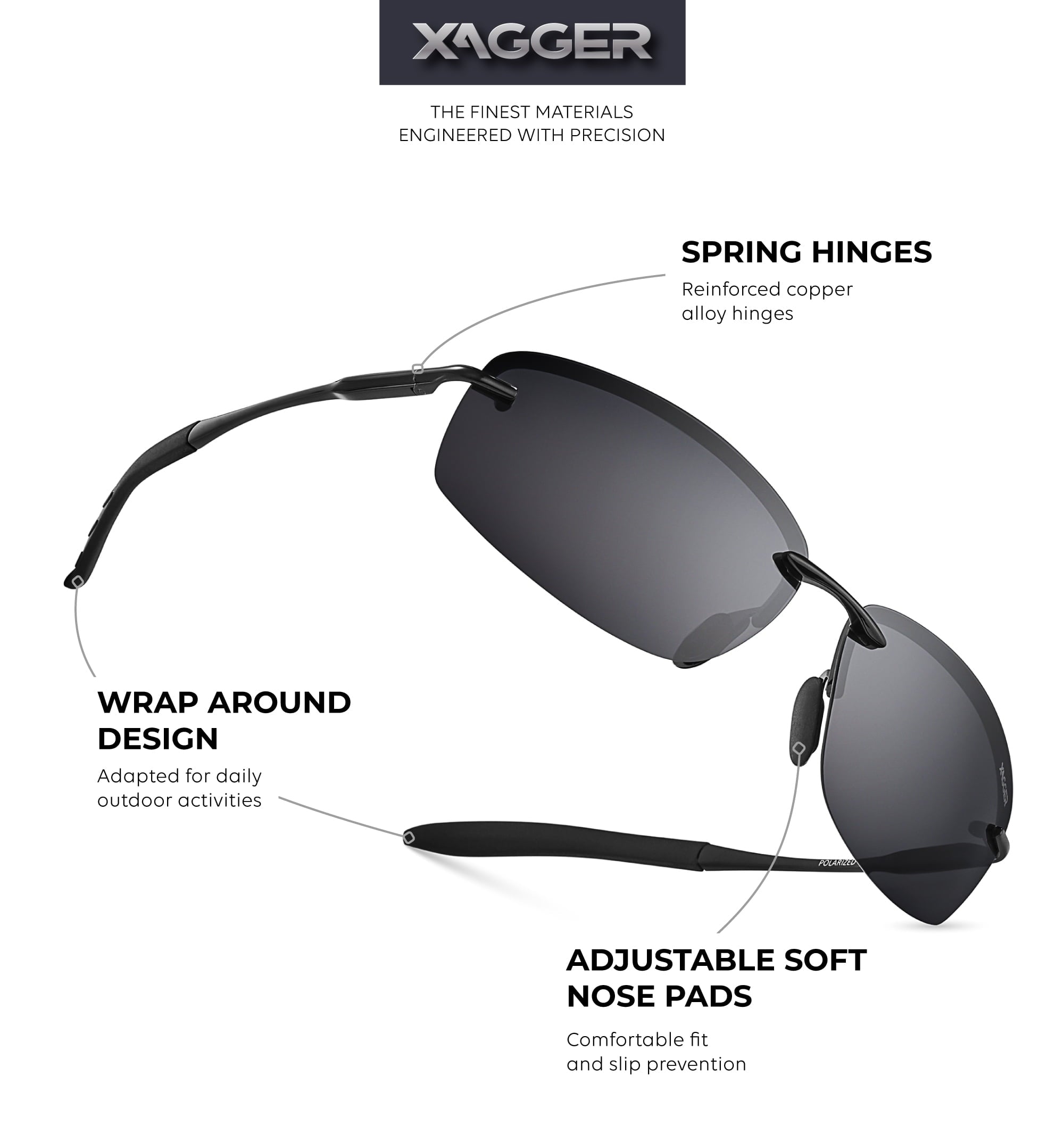 Xagger Polarized Rimless Driving Sunglasses for Men Metal Frame Anti-Glare UV400 Protection Sun Glasses