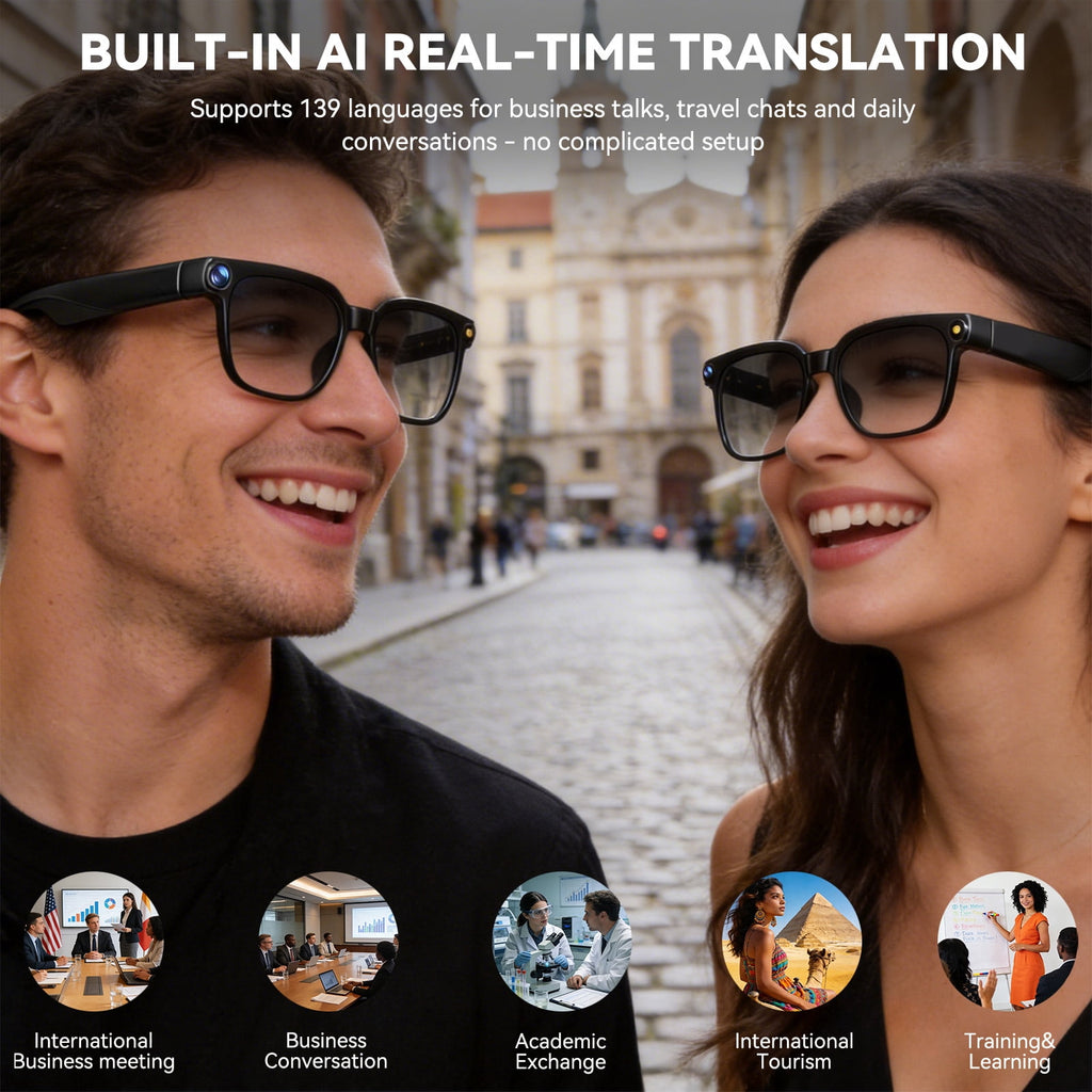 AI Smart Glasses with Camera,8MP Camera Glasses,1080P Anti-Shake Video Recording, Real Time Translation,AI Voice Assistant,Object Recognition,Bluetooth Sunglasses for Men，Women