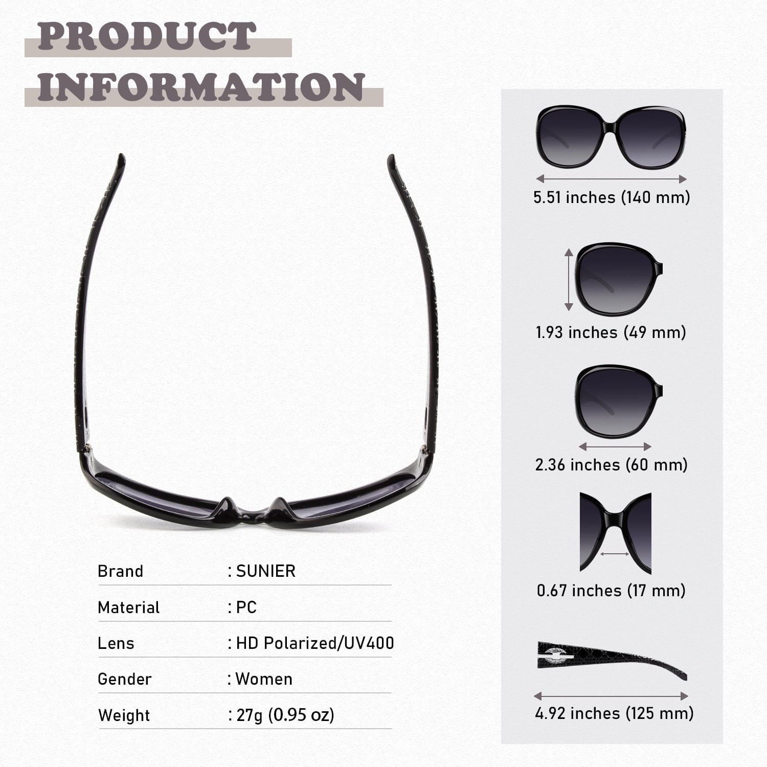 Sunier Oversized Sunglasses for Women Butterfly Style Polarized Sunglasses with Crystal Decor UV Protection-2 Pack