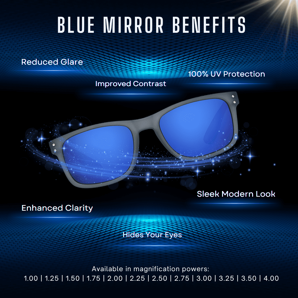 proSPORT Reading Sunglass Reader Horn Rimmed Browline Blue Mirror 2 Pairs Men Women NOT BIFOCAL