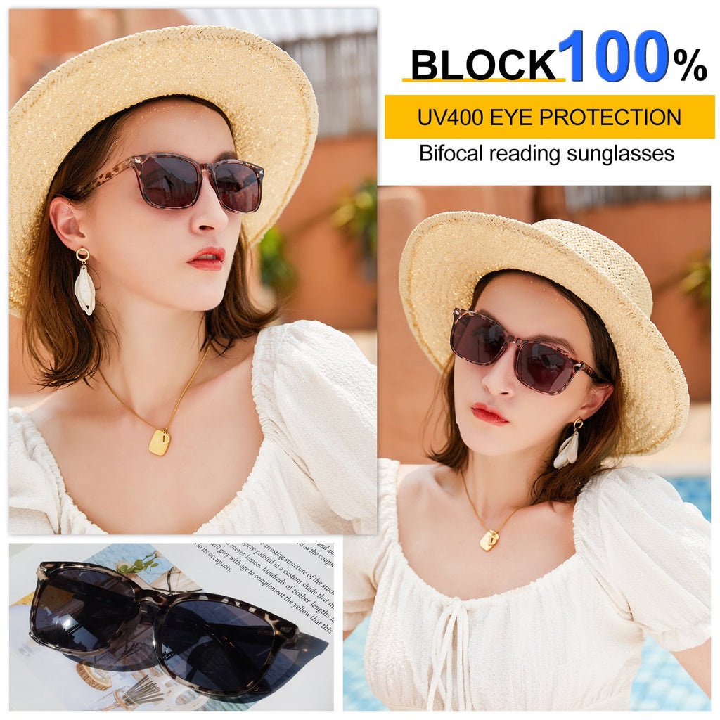 MARE AZZURO Bifocal Reading Sunglasses Women Trendy Square Outdoor Readers 0.0 1.0 1.5 2.0 2.5 3.0 3.5 4.0 (Leopard, 2.50)