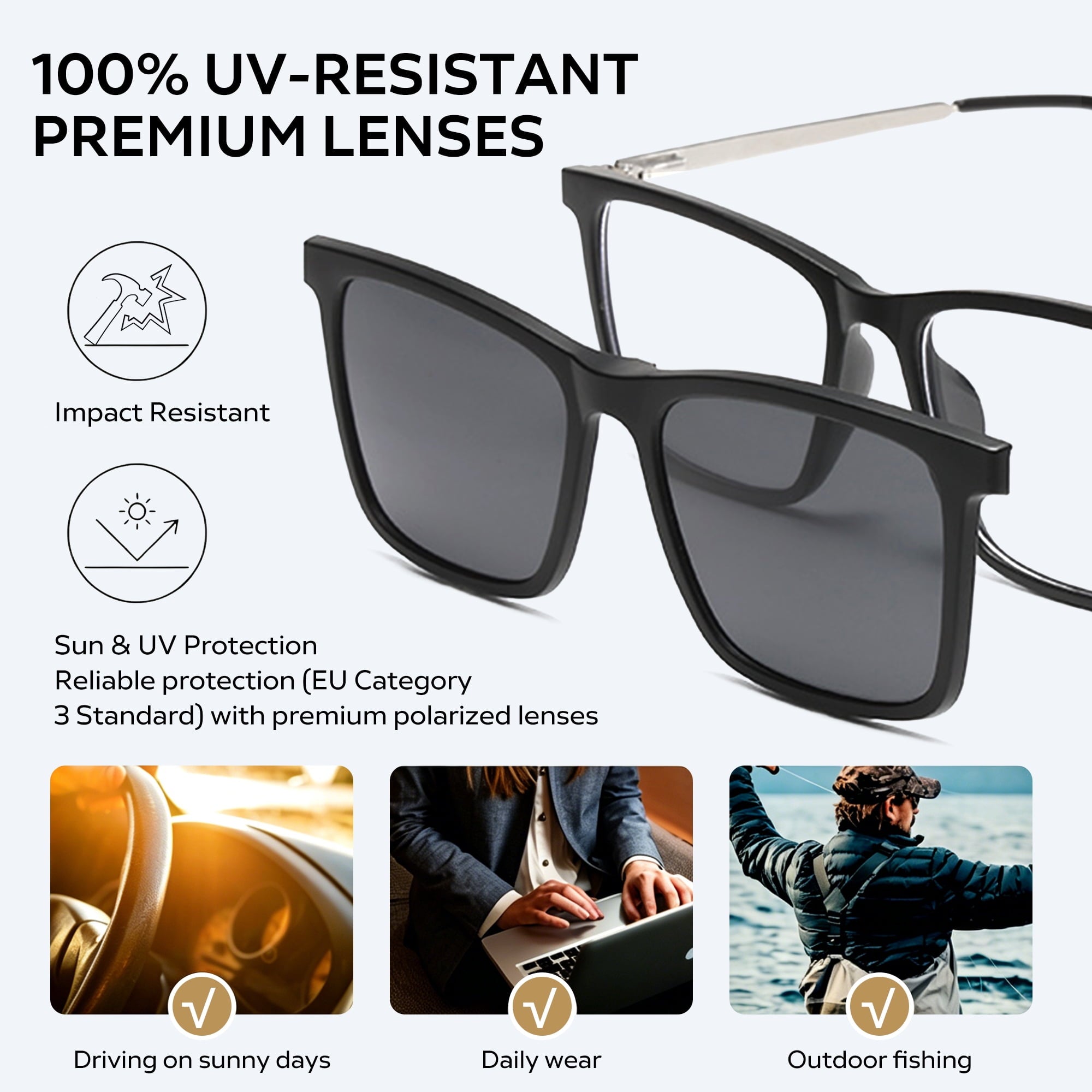 Whiteleopard Magnetic Clip on Sunglasses for Men & Women Polarized UV Protection Retro Square Eyeglasses Fit Over Night Driving