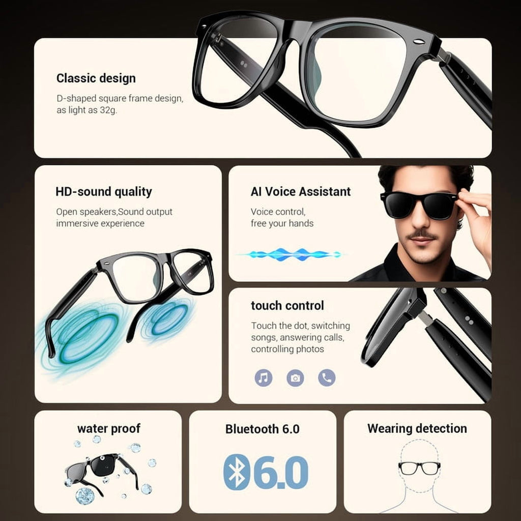 Blackview Smart Sunglasses Bluetooth for Women Men, Open Ear Audio Glasses with Polarized Lens, Hands-Free Calls, Voice Assistant, Black