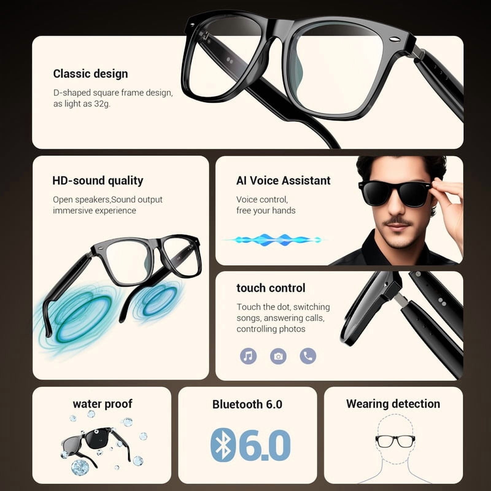 Blackview Smart Sunglasses Bluetooth for Women Men, Open Ear Audio Glasses with Polarized Lens, Hands-Free Calls, Voice Assistant, Black