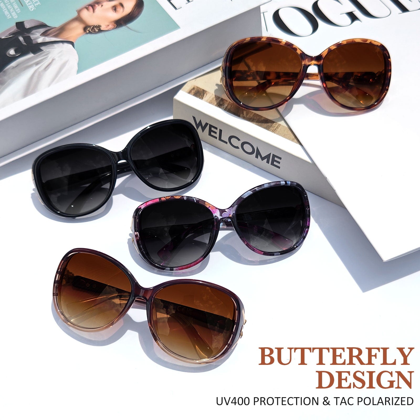 Sunier Retro Oversized Butterfly Polarized Sunglasses for Women Elegant Ladies Shades-2 Pairs