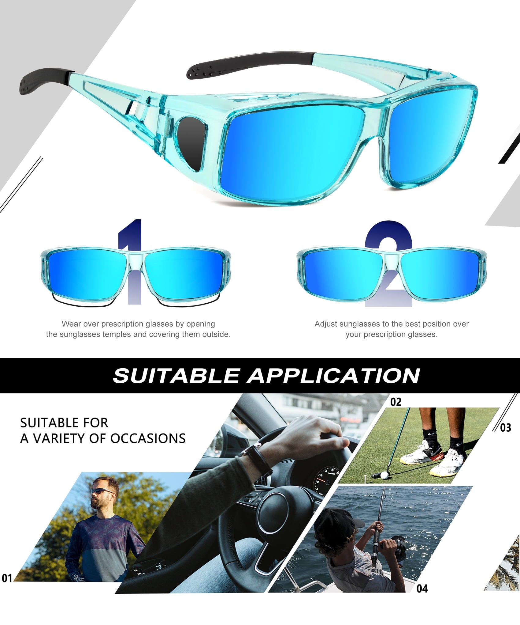 KALIYADI Fit Over Wrap Sunglasses Polarized Sun Glasses:Wrap Around Eyeglasses for Men and Women with UV Protection for Driving