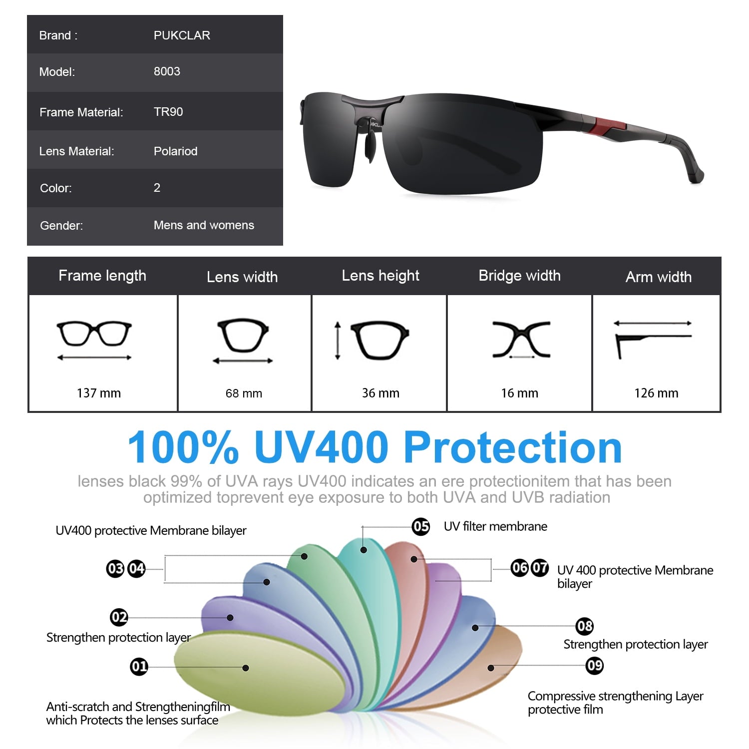 PUKCLAR Mens Driving Sunglasses Polarized Sports Sunglasses Al-Mg Metal Frame Cycling Fishing Golf Goggles