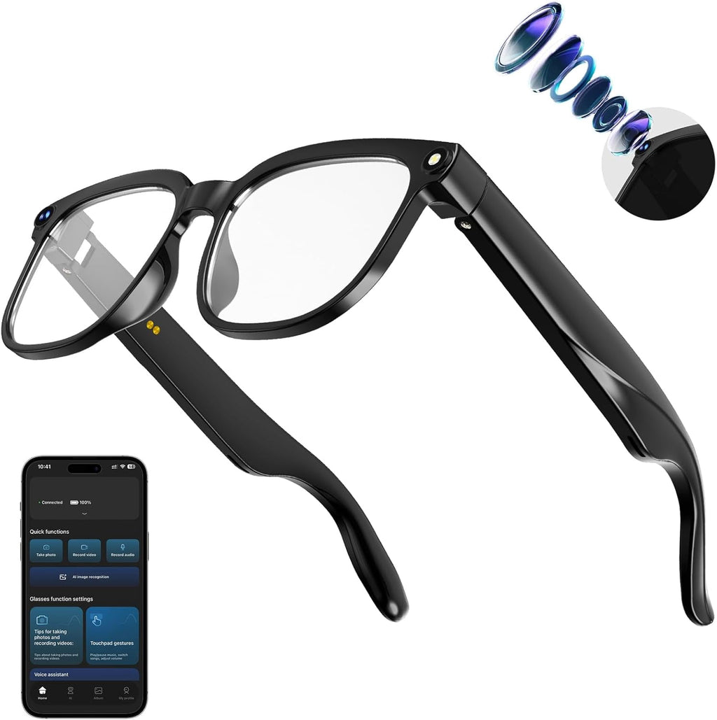 AI Smart Glasses with Camera,8MP Camera Glasses,1080P Anti-Shake Video Recording, Real Time Translation,AI Voice Assistant,Object Recognition,Bluetooth Sunglasses for Men，Women - UV Protection Sunglasses