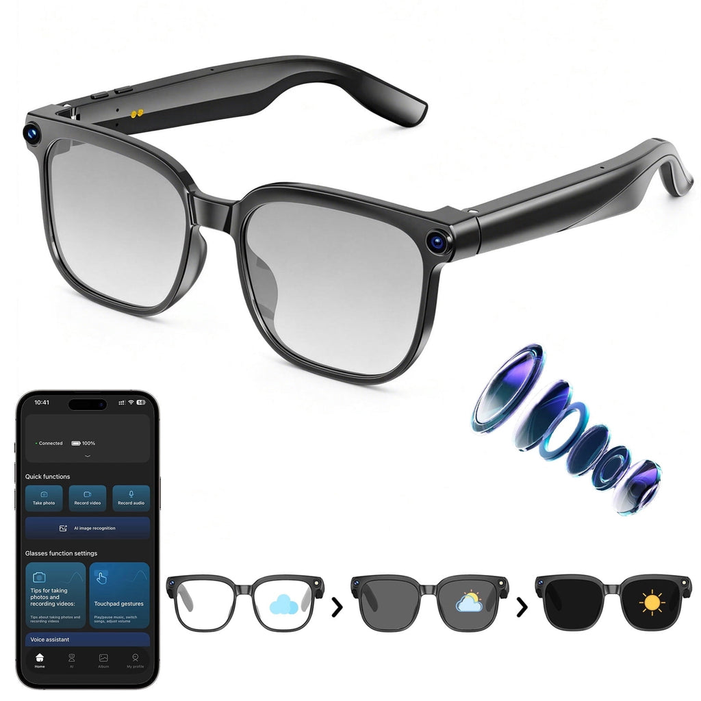 AI Smart Glasses with Camera,8MP Camera Glasses,1080P Anti-Shake Video Recording, Real Time Translation,AI Voice Assistant,Object Recognition,Bluetooth Sunglasses for Men，Women