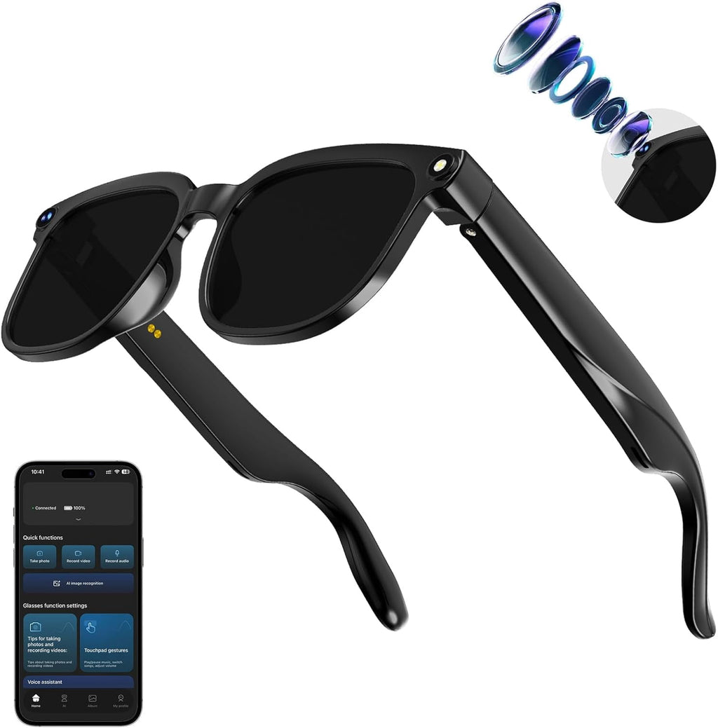 AI Smart Glasses with Camera,8MP Camera Glasses,1080P Anti-Shake Video Recording, Real Time Translation,AI Voice Assistant,Object Recognition,Bluetooth Sunglasses for Men，Women - UV Protection Sunglasses