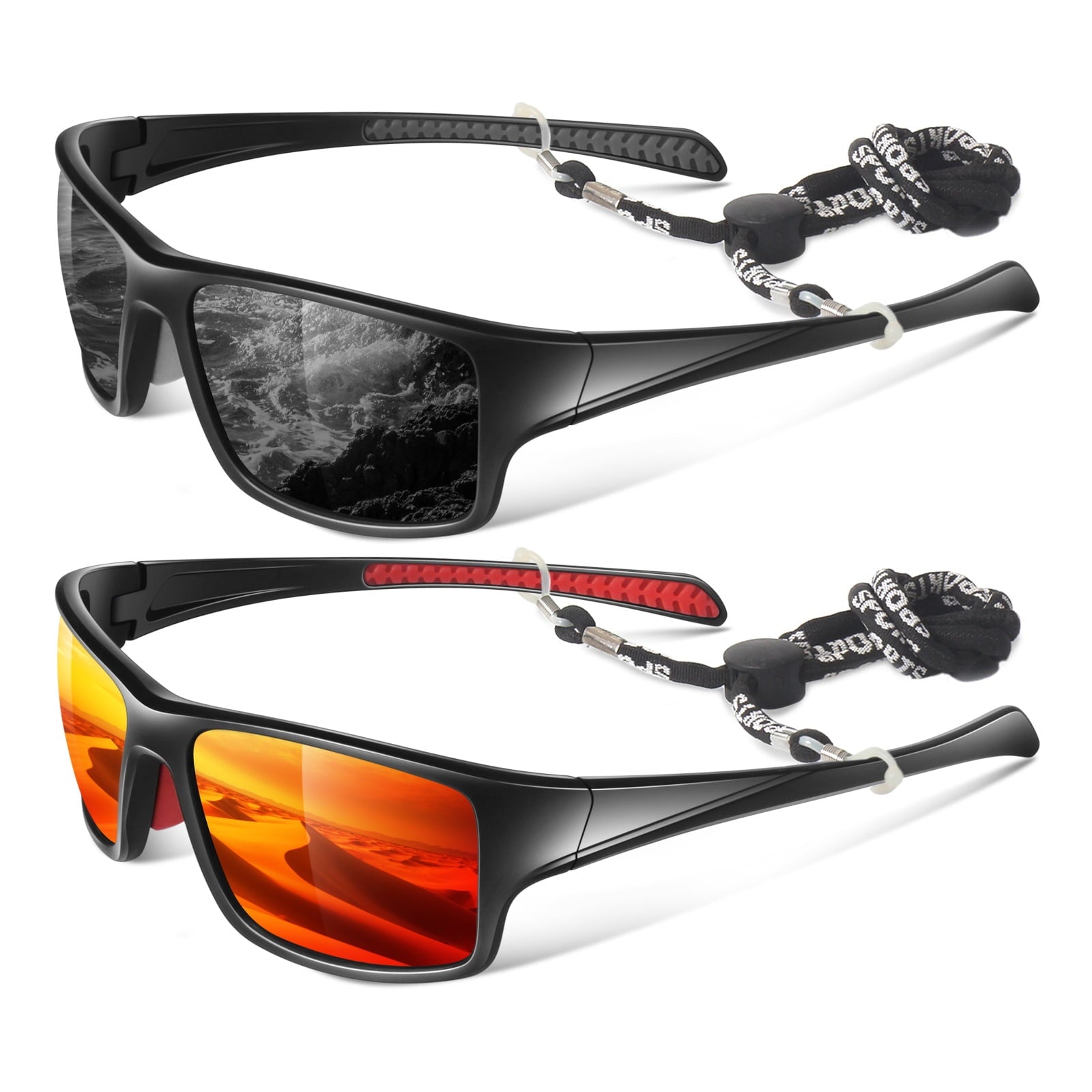 LINVO Men’s Sports Polarized Sunglasses, Wrap-Around Sun Glasses for Cycling, Fishing, Hiking & Driving, UV400 Protection-2 Pack - Polarized Sunglasses