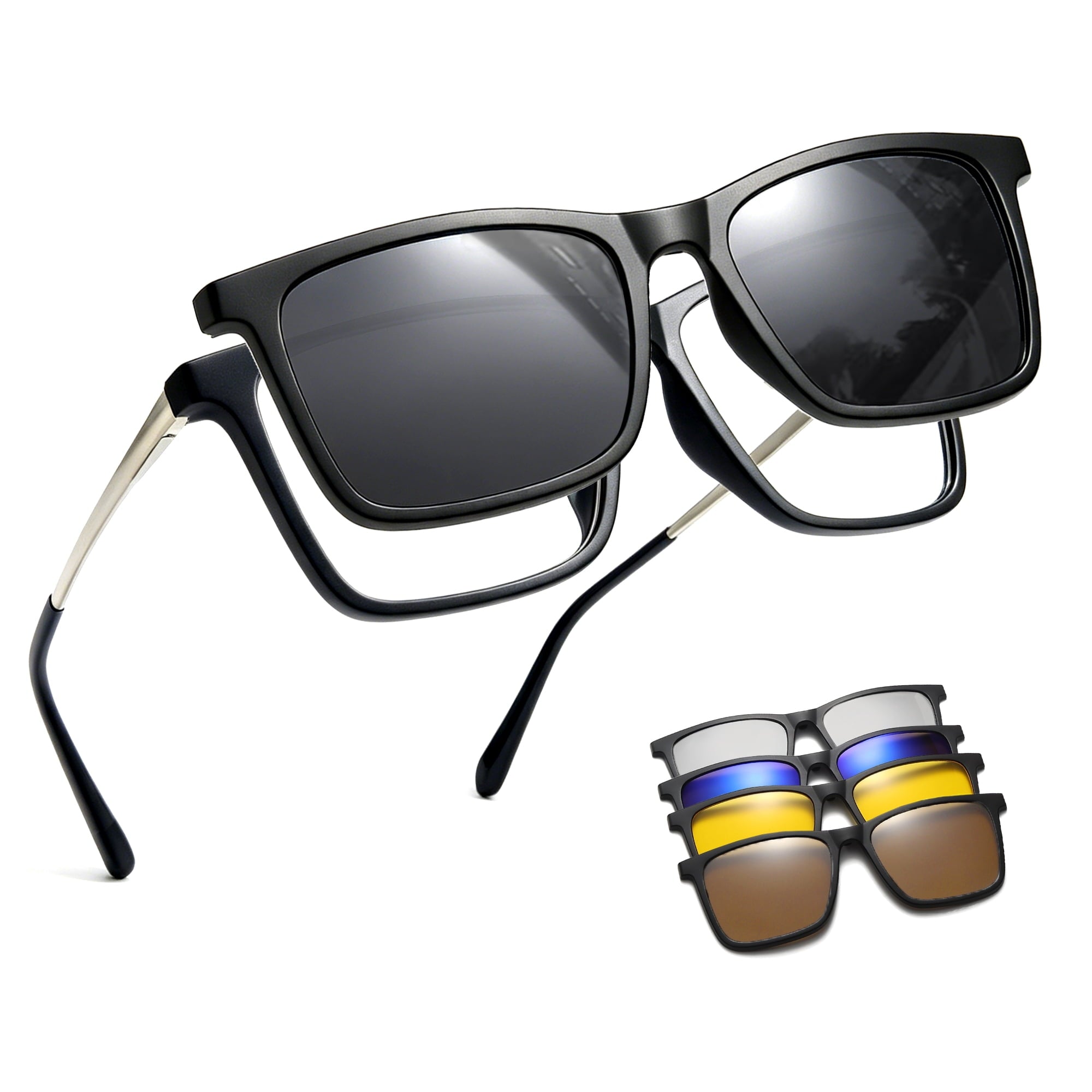 Whiteleopard Magnetic Clip on Sunglasses for Men & Women Polarized UV Protection Retro Square Eyeglasses Fit Over Night Driving