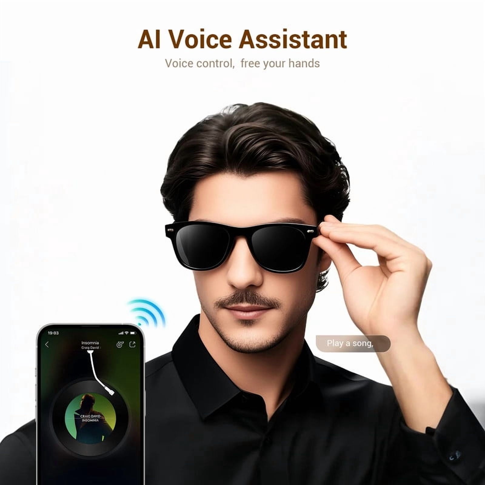 Blackview Smart Sunglasses Bluetooth for Women Men, Open Ear Audio Glasses with Polarized Lens, Hands-Free Calls, Voice Assistant, Black
