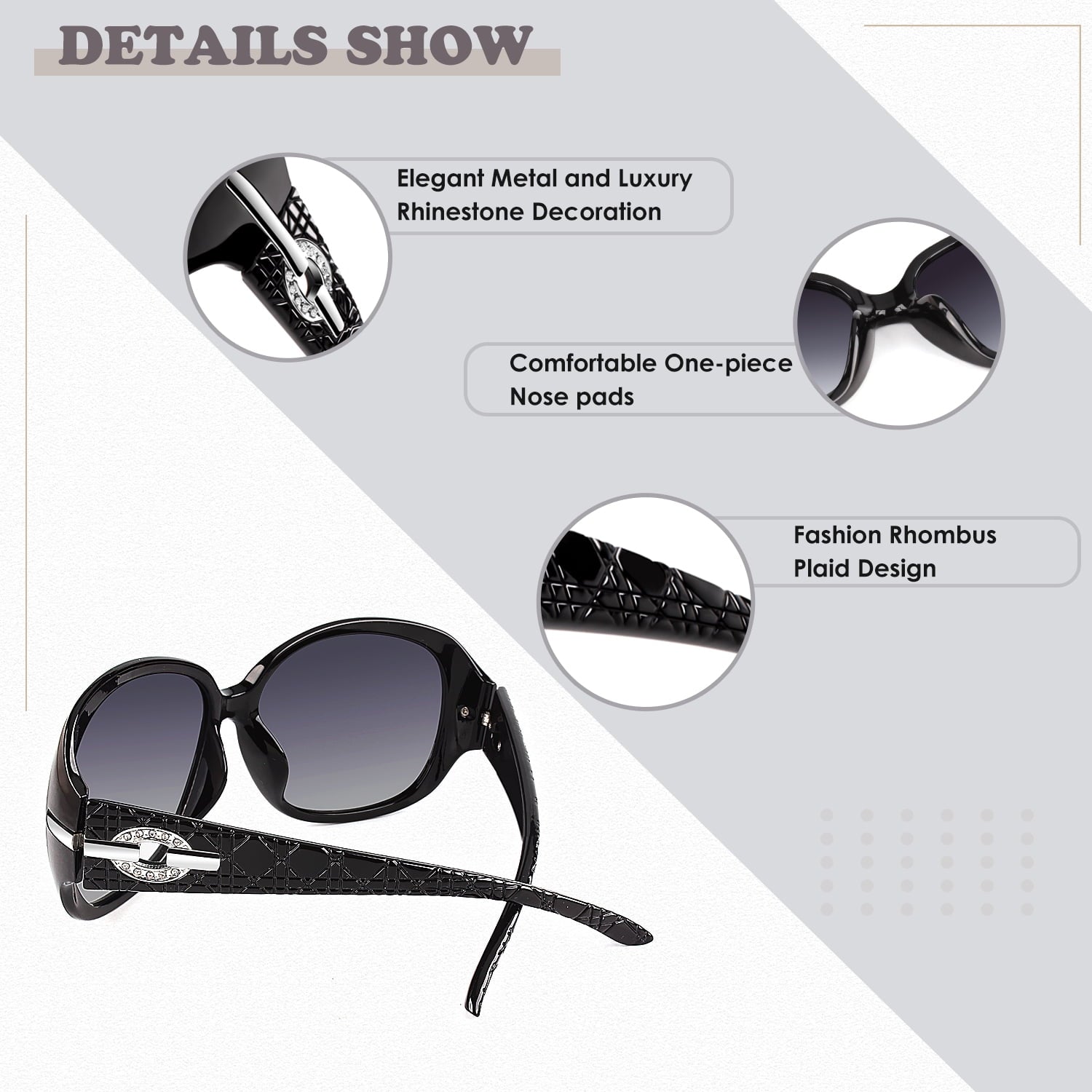Sunier Oversized Sunglasses for Women Butterfly Style Polarized Sunglasses with Crystal Decor UV Protection-2 Pack