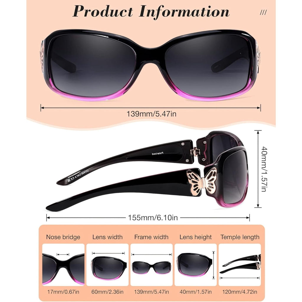Polarized Sunglasses for Women with Wrap Around Butterfly Design, Trendy Jackie-O Style for UV400 Protection