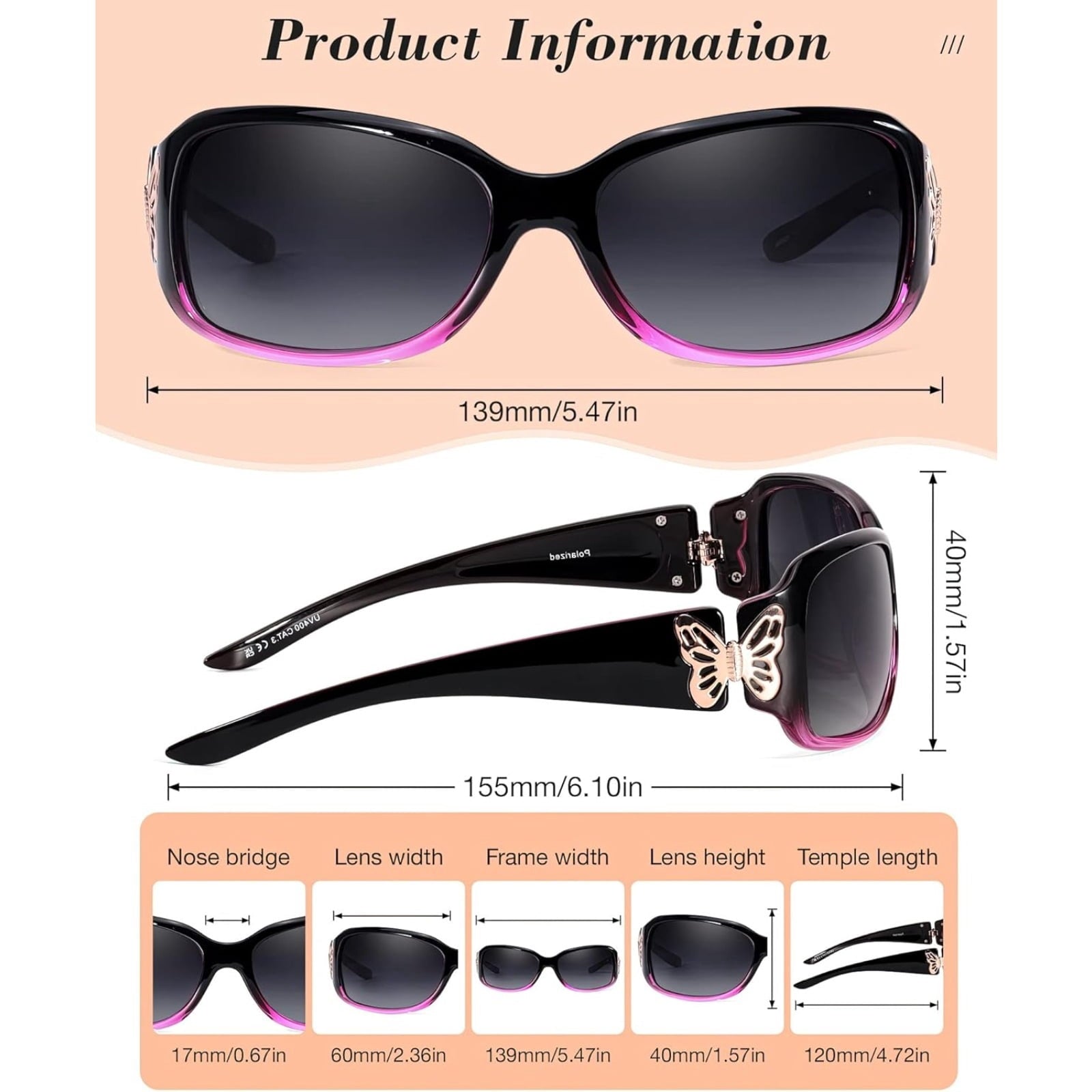Polarized Sunglasses for Women with Wrap Around Butterfly Design, Trendy Jackie-O Style for UV400 Protection