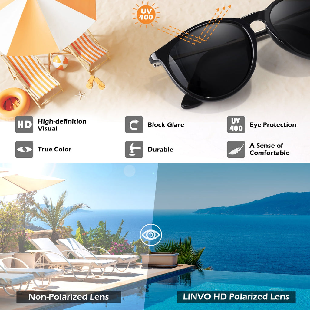 LINVO Round Polarized Sunglasses for Women Men UV400 Vintage Retro Designer Style-2 Pairs