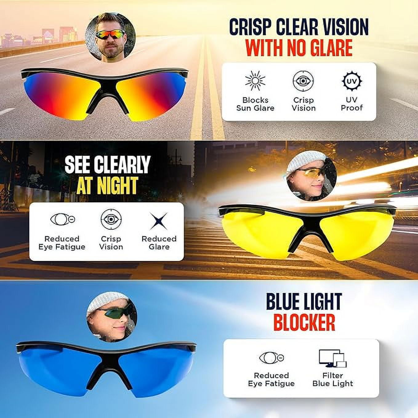 TacGlasses Polarized Sunglasses Day Night HD Sunglasses for Clear Vision Blue Light Blocker Glasses 3Pcs as Seen on TV