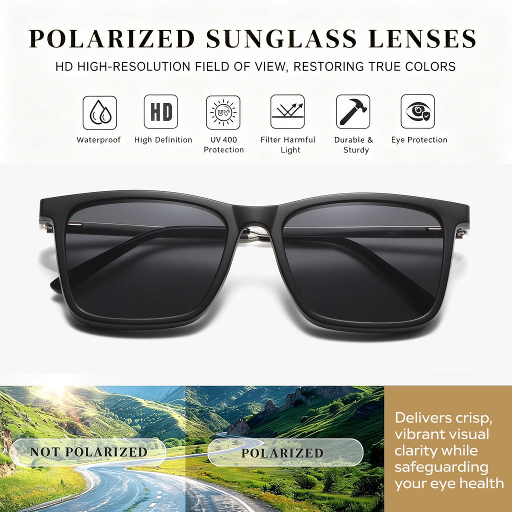 Whiteleopard Magnetic Clip on Sunglasses for Men & Women Polarized UV Protection Retro Square Eyeglasses Fit Over Night Driving