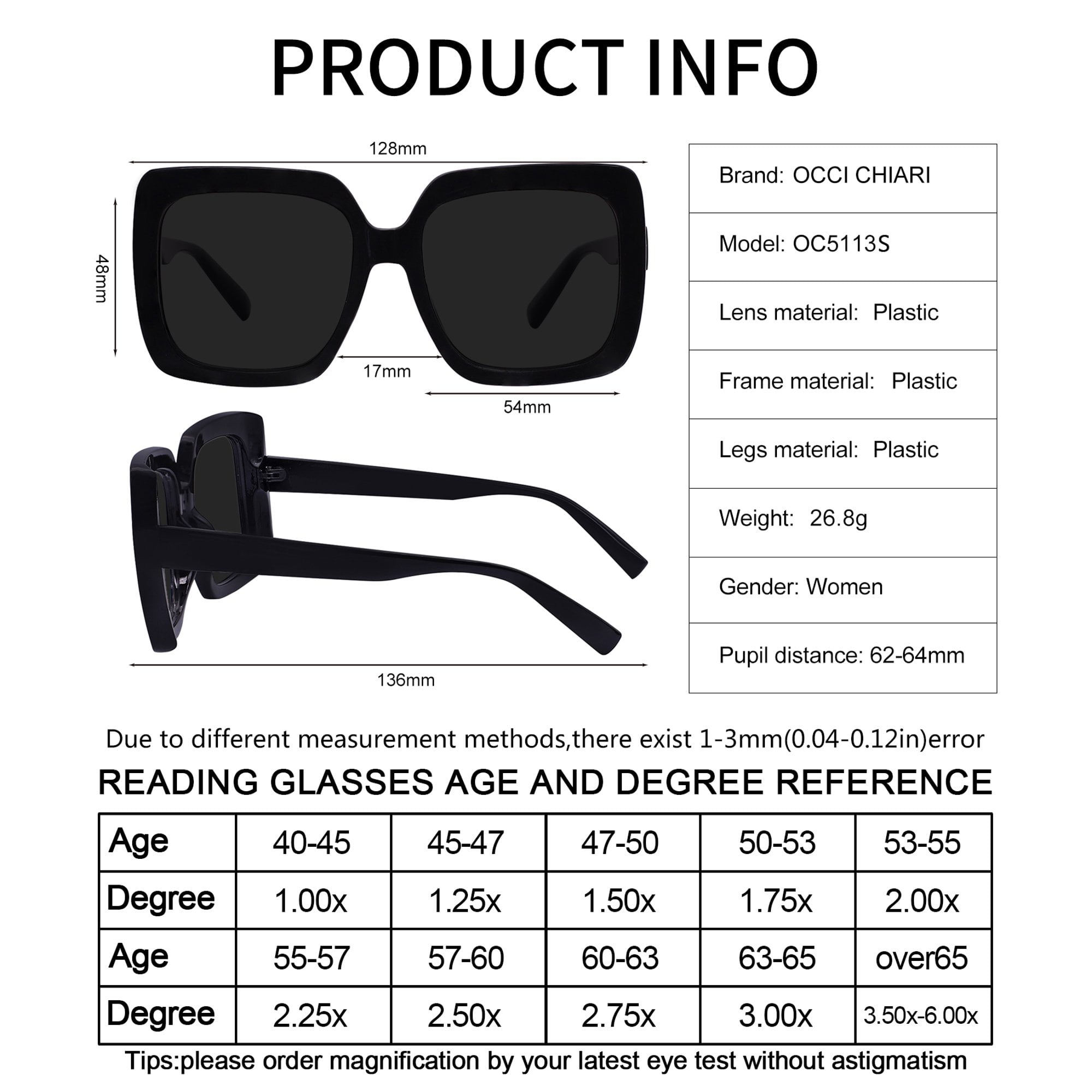 OCCI CHIARI Womens Sunglasses Reading Glasses 1.5 Sunglass Readers 1.0 1.25 to 3.5 (4 Colors Available) Blue Light Blocking, UV Protection Outdoor with Acrylic Lens