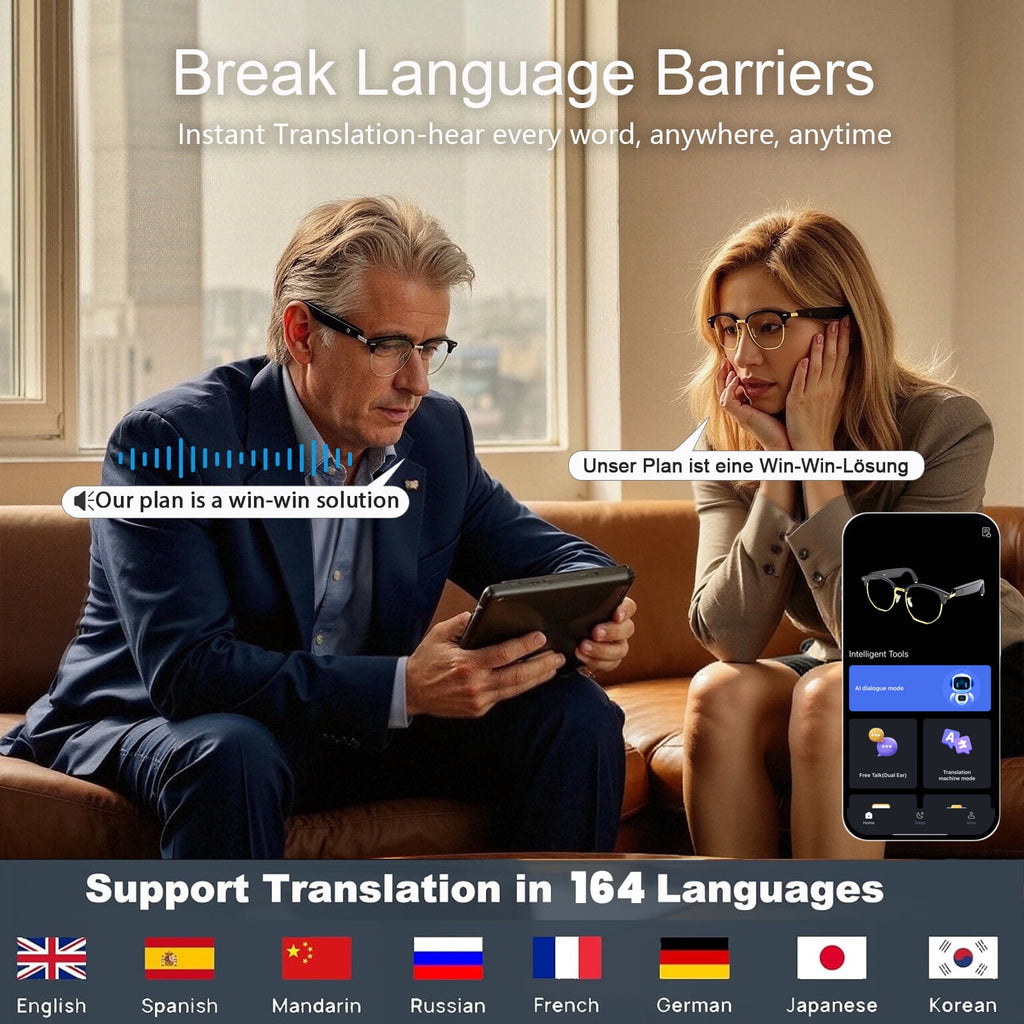 AI Translator Smart Sunglasses - 164 Language Real-Time Translation, UV400 Polarized Photochromic Lenses, Bluetooth 5.3, IPX5 Waterproof, Hands-Free Calling (Brown)