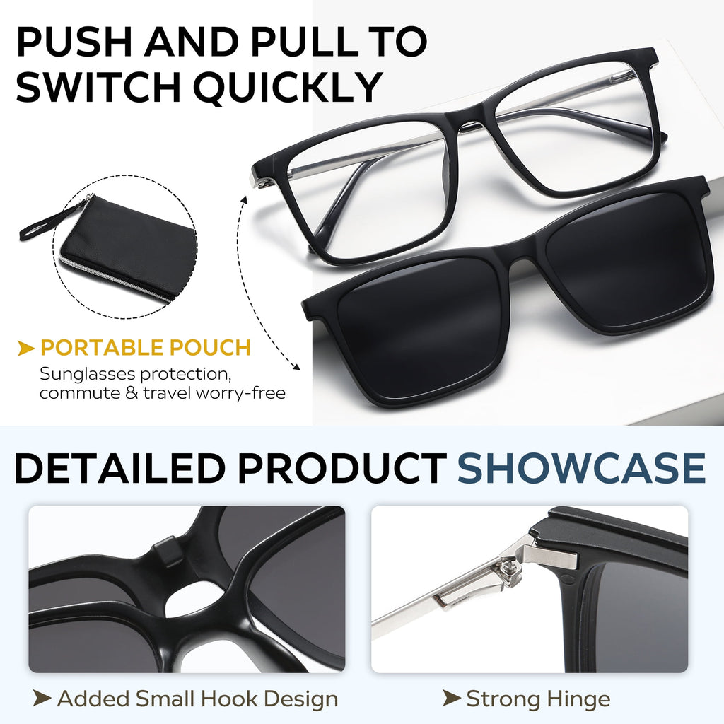 Whiteleopard Magnetic Clip on Sunglasses for Men & Women Polarized UV Protection Retro Square Eyeglasses Fit Over Night Driving