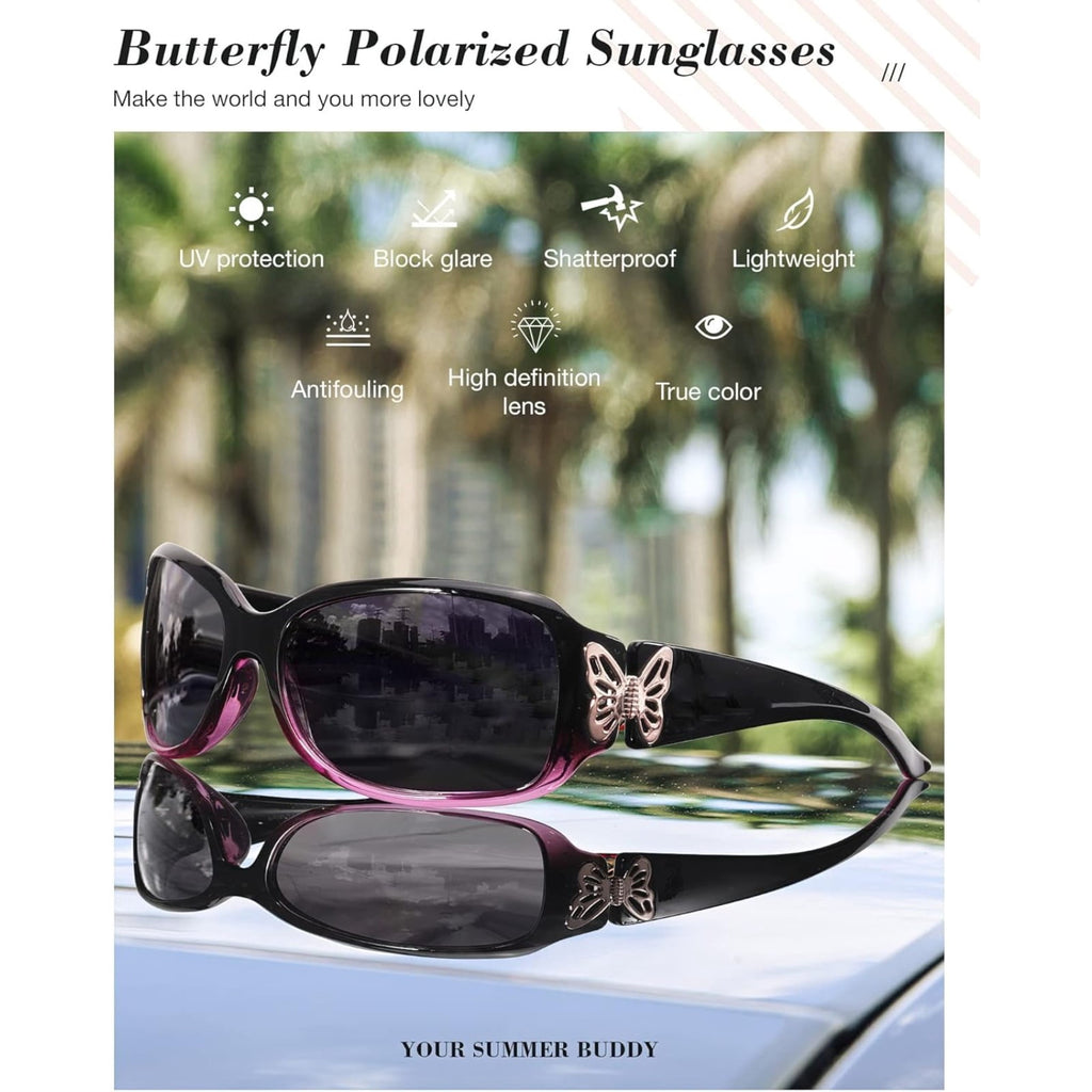 Polarized Sunglasses for Women with Wrap Around Butterfly Design, Trendy Jackie-O Style for UV400 Protection
