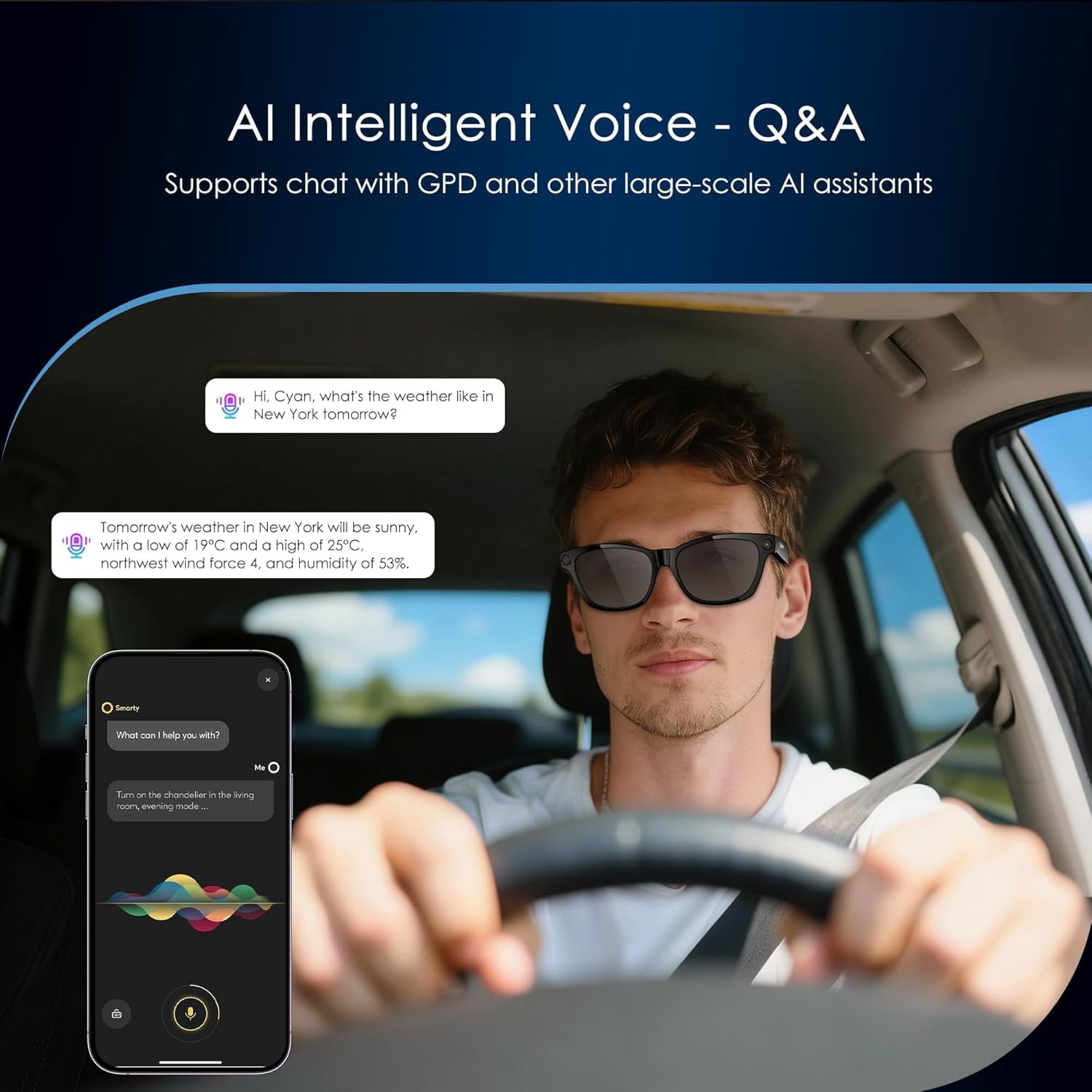 Blackview AI Smart Glasses with Camera, 1080P HD Photo/Video Recording Glasses, Real-Time Translation, AI Voice Assistant, Chat GPT Free, Polarized Sunglasses Lenses for Men/Women
