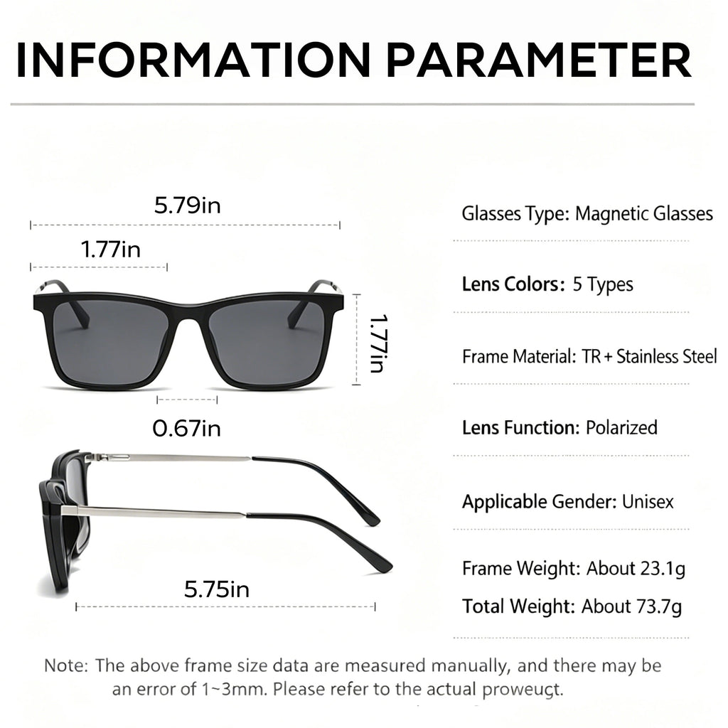 Whiteleopard Magnetic Clip on Sunglasses for Men & Women Polarized UV Protection Retro Square Eyeglasses Fit Over Night Driving