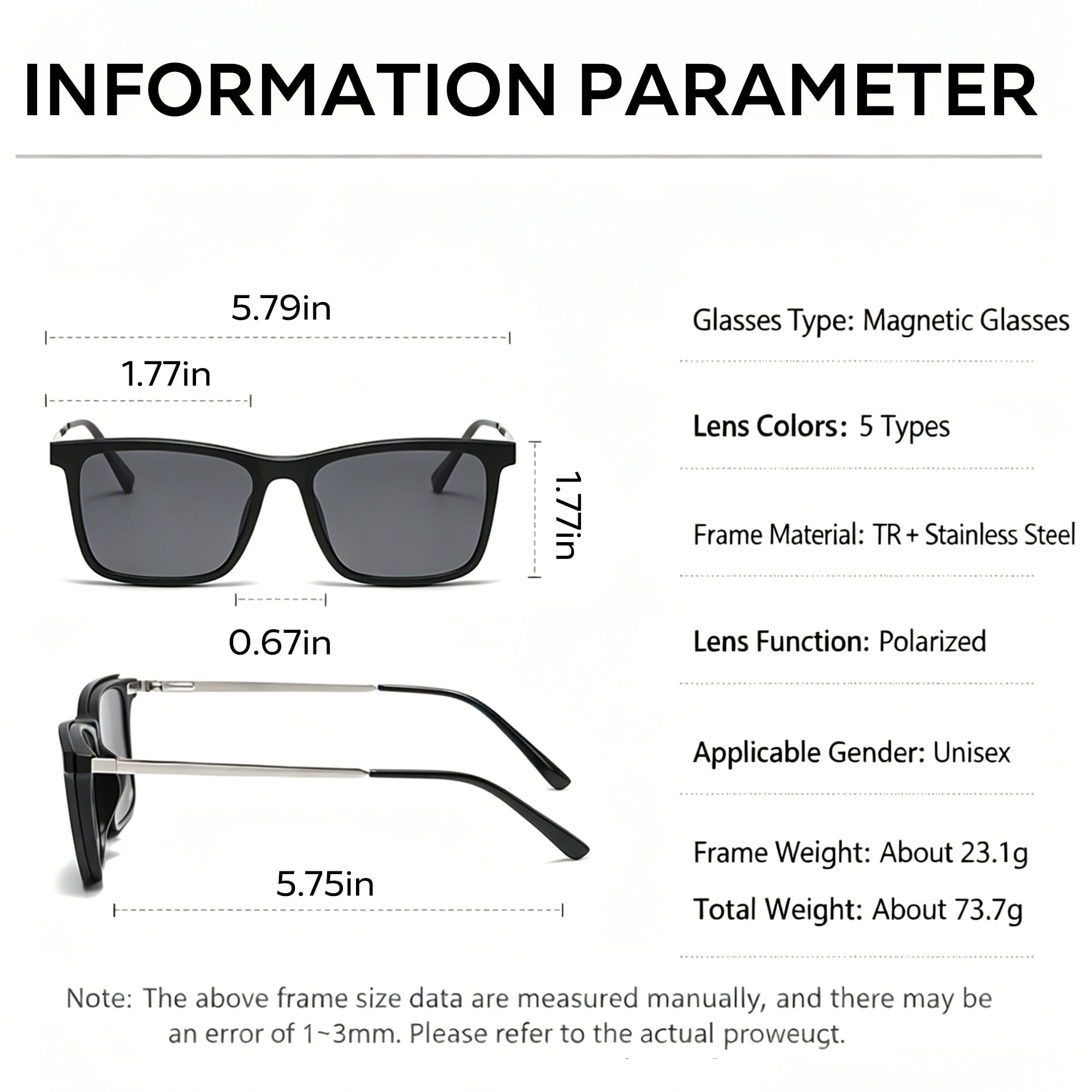 Whiteleopard Magnetic Clip on Sunglasses for Men & Women Polarized UV Protection Retro Square Eyeglasses Fit Over Night Driving