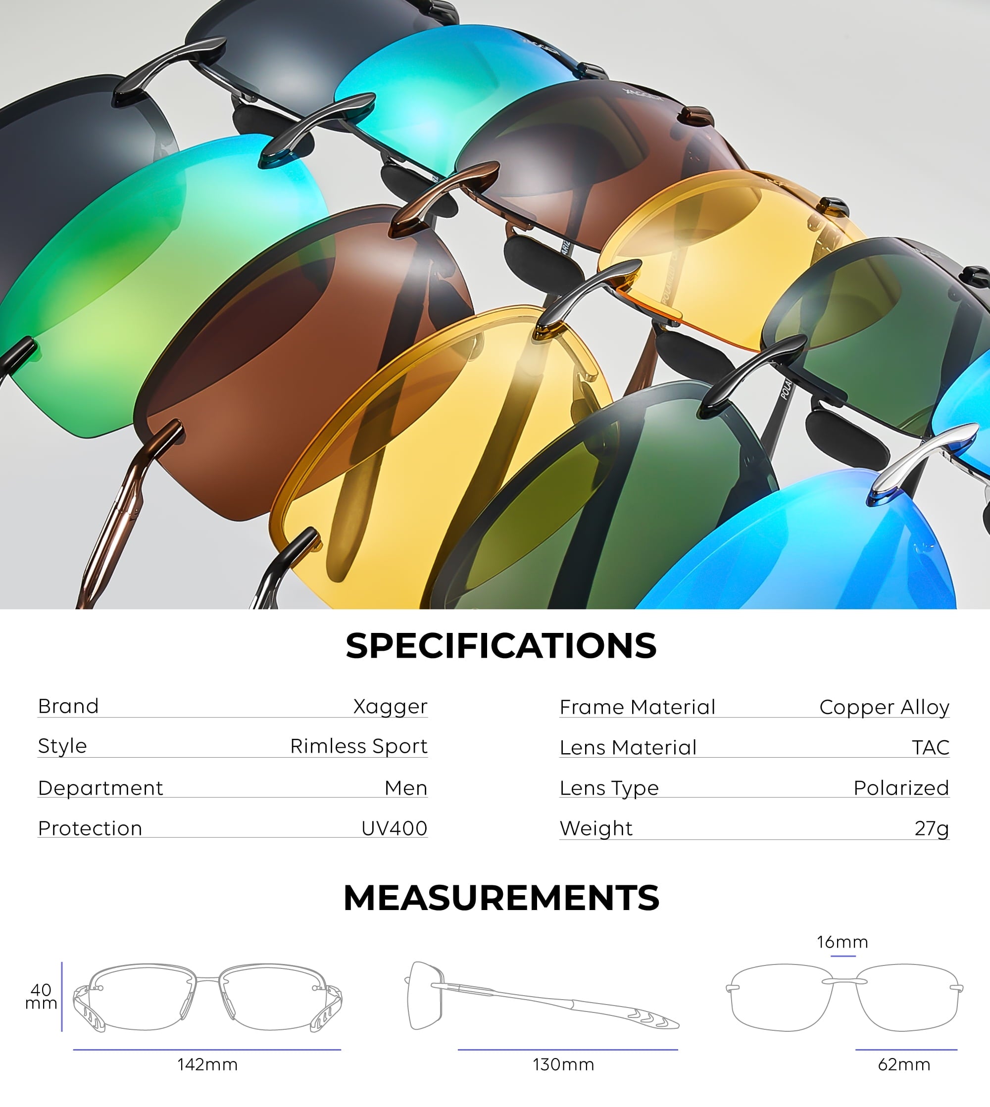 Xagger Polarized Rimless Driving Sunglasses for Men Metal Frame Anti-Glare UV400 Protection Sun Glasses