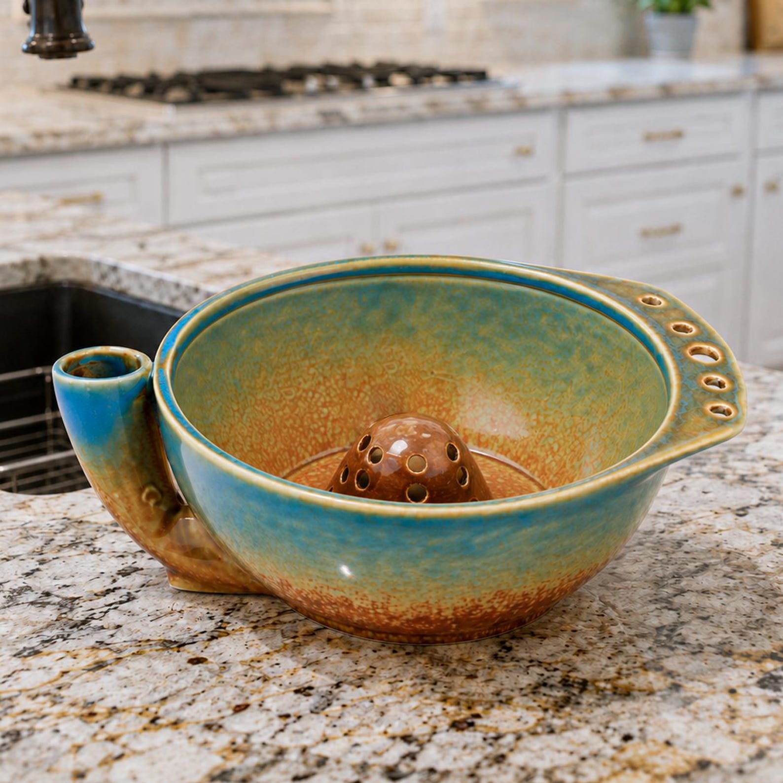 Ceramic Vortex Berry Washing Bowl | Teal & Brown Glaze